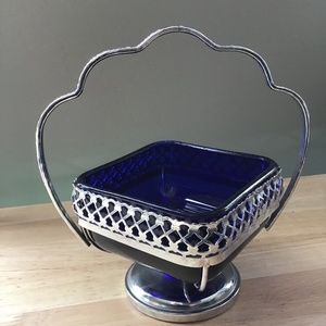 Chrome Plated Condiment Dish with Cobalt Blue Insert